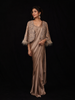 Brown Satin Ready to Wear Saree with Plain Body Paired with Designer Blouse and Overcoat