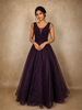 Dark Purple Beads Embellished Design Net Ball Gown with Sleeveless Shoulder Tassel Design