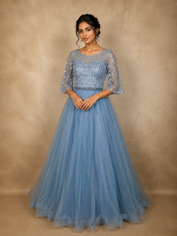Dusty Blue Floral Sequin Embellished Net Designer Gown