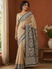 Soft Ivory Horizontal Striped Design Cotton Casual Wear Saree with Contrast Border