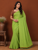 Parrot Green Solid Design Cotton Casual Wear Saree with Kalamkari Blouse