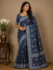 Deep Navy Blue Floral Vine Printed Design Cotton Casual Wear Saree