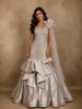 Silver Sequins and Beads Embellished Design Net Mermaid Gown with Shoulder Bow Detail