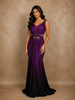Royal Purple Stone Embellished Cut-Out Draped Satin Gown
