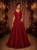 Red Sequins Embellished Net Evening Gown with Beaded Tassel Sleeves