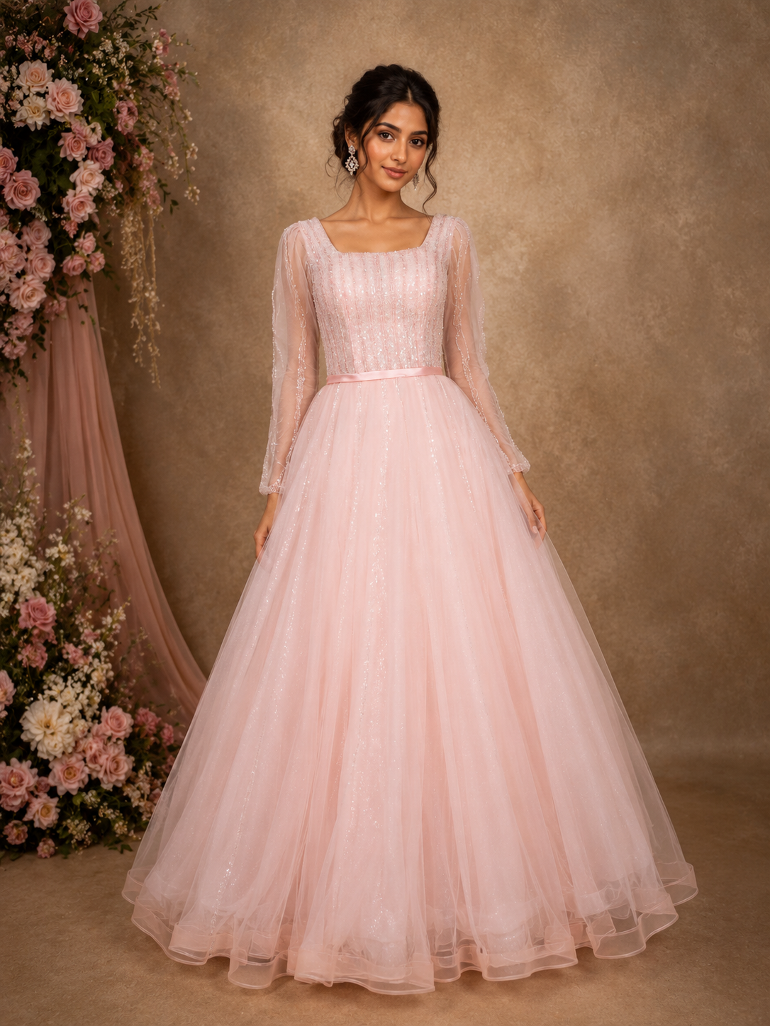 Baby Pink Sequins and Beads Design Net Gown