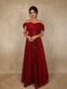 Dark Red Sequins Embellished Design Net Mermaid Gown with 3D Draped Shoulder Design