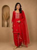 Red Floral Designed Semi Silk Salwar Suit