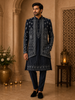 Deep Navy Blue Mughal-inspired Thread Embroidered Design Velvet Men Sherwani Suit