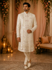 Soft Ivory Floral Vine Thread and Beads Embroidered Design Jacquard Indo Western Men's Sherwani Suit