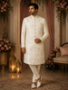 Soft Ivory Floral Vine Thread Embroidered Design Jacquard Indo Western Men's Sherwani Suit
