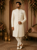 Soft Cream Floral Woven Design Jacquard Indo Western Men's Sherwani Suit