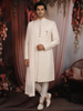 Soft Peach Floral Vine Thread Embroidered Design Jacquard Indo Western Sherwani Suit