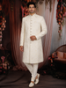 Soft Ivory Floral Vine Thread Embroidered Design Jacquard Sherwani Suit