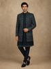 Muted Teal Blue Abstract Zari Embroidered Design Georgette Men's Sherwani Suit
