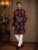 Deep Midnight Black Floral Printed Design Cotton Men's Kurta