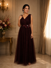 Rich Burgundy Pleated Design with Bow Embellishment Net Party Wear Gown