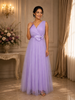 Light Lavender Pleated Design with Bow Embellishment Net Party Wear Gown