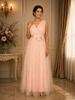 Soft Blush Pink Pleated Design with Bow Embellishment Net Party Wear Gown