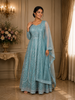 Aqua Blue Floral Thread and Mirror Embroidered Design Net Gown with Dupatta