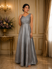 Silver Grey Glitter Embellished Design Net Party Wear Gown with Waist Belt
