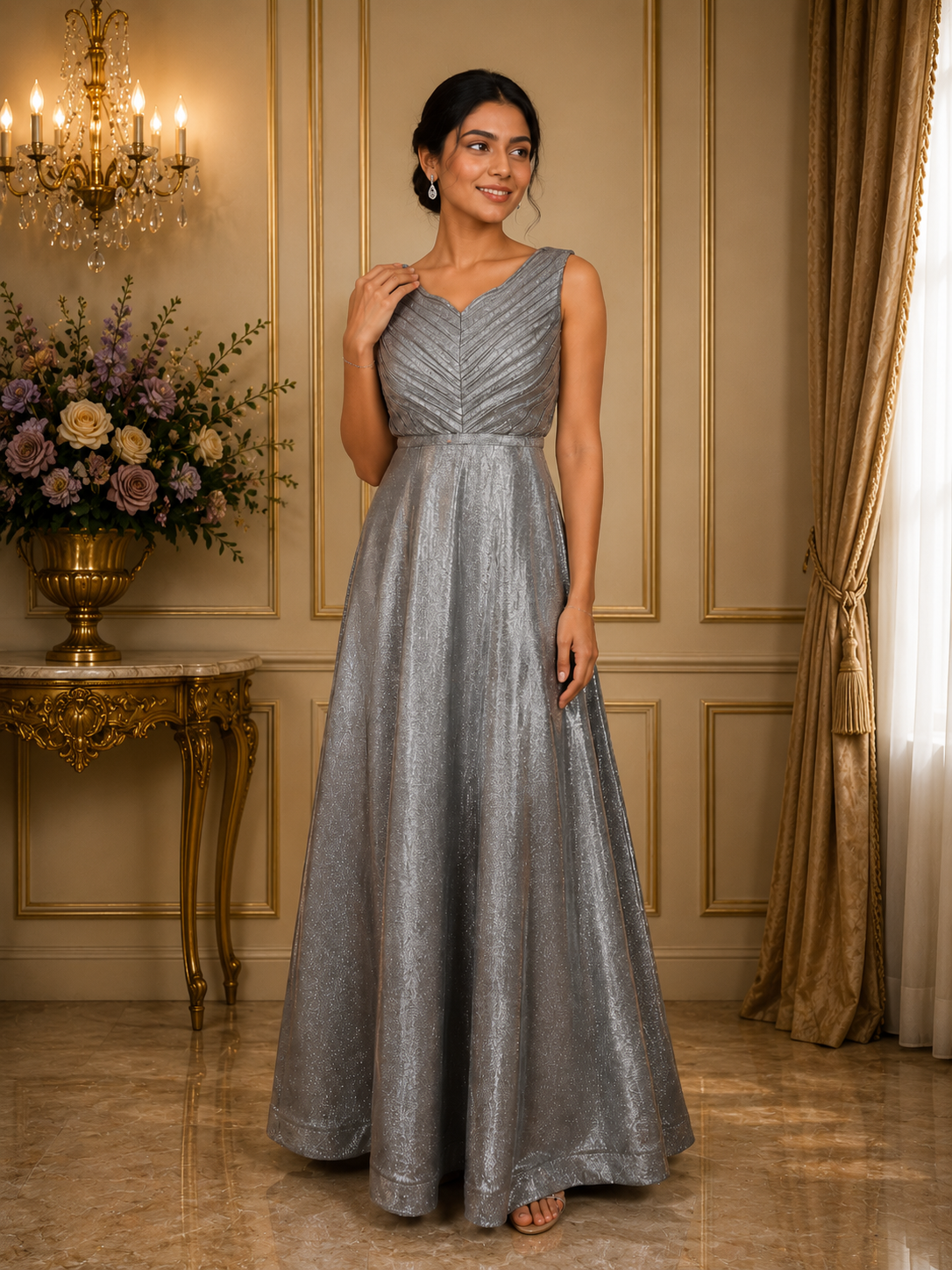 Silver Grey Glitter Embellished Design Net Party Wear Gown with Waist Belt | Diadem Silver Grey Glitter Embellished Design Net Party Wear Gown with Waist Belt | Diadem