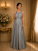 Silver Grey Shimmer Solid And Glitter Design Party Wear Gown with with Pleated Bodice
