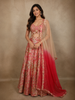 Coral Red Floral Sequins and Beads Embroidered Design Banarasi Silk Lehenga with Ombre Net Dupatta