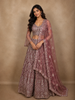 Antique Rosewood Mauve Pink Zari Embroidered and Stone Embellished Design Net Lehenga With Net Dupatta