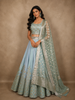 Sky Blue Silver Zari Woven Design and Mirror Work Banarasi Silk Designer Lehenga with Dupatta