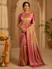 Golden Yellow with Pink Floral Design Pure Kanchipuram Silk Saree