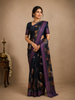 Navy Blue Floral And Bird Print Kota Cotton Saree with Woven Border