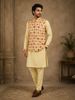 Pale Yellow Indo-Western Sherwani Suit with Birds and Elephant designs, with Pant