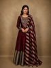 Deep Wine Sequins and Zardozi Embroidered Design Silk Anarkali Gown with Striped Dupatta