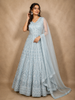 Soft Ice Mint Blue Floral Thread and Mirror Embroidered Design Net Anarkali Gown with Dupatta