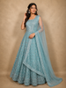 Dusty Aqua Teal Blue Floral Thread and Mirror Embroidered Design Net Anarkali Gown with Dupatta