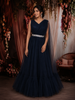 Deep Midnight Navy Blue Layered Tulle Net Partywear Gown with Designer Waist Belt