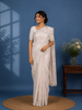 Off-White Floral Embroidered Synthetic Saree With Scallop Border