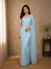Light Blue Floral Motif Sequin Designed Organza Designer Saree