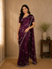 Plum Purple Floral Embroidered Satin Saree