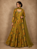Warm Mustard Yellow Floral Printed Design Crepe Gown with Over Coat