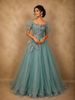 Turquoise Green Sequins Embellished Design Net Ball Gown with Puff Sleeves