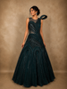Teal Blue Beads Embellished Cascade Couture Design Net Party Wear Gown