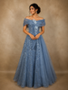 Steel Blue Heavy Sequins Embroidered Design Off-Shoulder Net Party Wear Gown