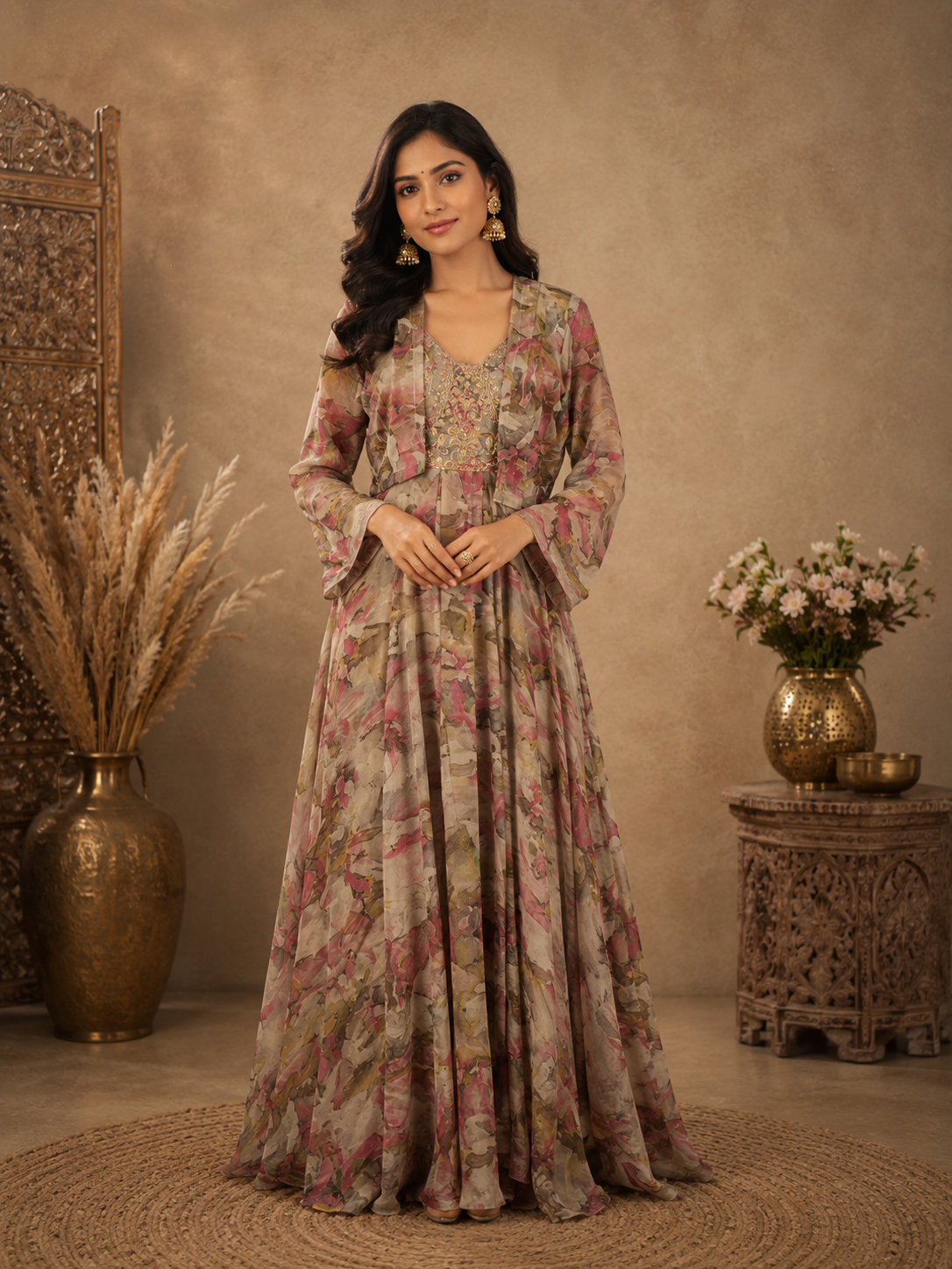 Grey Multicolour Floral Design Silk Cotton Gown with Dupatta