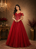 Red Sequins and Beads Embellished Design Net Ball Gown with Cold Shoulder Straps