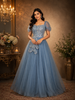 Light Blue Sequins Embellished Design Net Ball Gown with Puff Sleeves