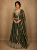 Deep Olive Green Beads and Mirror Embroidered Design Organza Party Wear Gown with Hip Belt