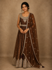 Antique Bronze Brown Beads and Mirror Embroidered Design Organza Party Wear Gown with Hip Belt