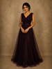 Deep Wine Burgundy Pleated Design Net Party Wear Gown with Bow Waist Detail